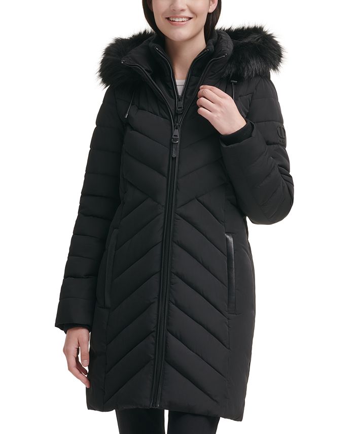 Faux Fur Trim Hooded Puffer Coat, Dkny Long Black Winter Coat