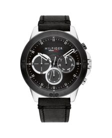 Men's Black Leather Strap Watch, 46mm