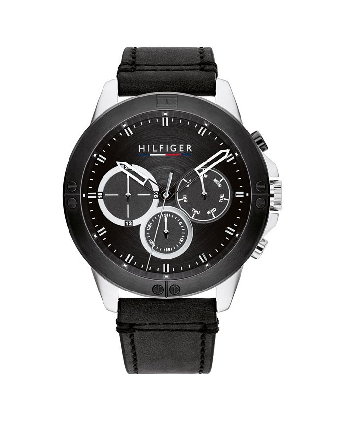Tommy Hilfiger Men's Black Leather Strap Watch, 46mm - Macy's