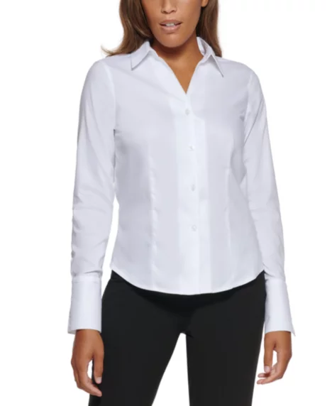 Petite Cotton Collared Button-Down Blouse - White