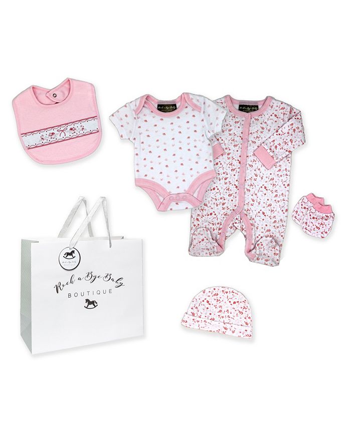 Bib Bodysuit Mitts Baby Girls 5 Piece Floral Layette Gift Set; Sleepsuit Hat 