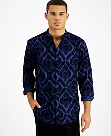 Men's Flocked Baroque Band-Collar Shirt, Created for Macy's
