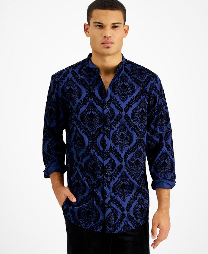 INC International Concepts Men's Flocked Baroque BandCollar Shirt