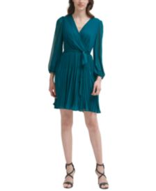 Balloon-Sleeve Pleated Faux-Wrap Dress