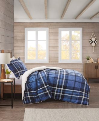 Photo 1 of KING SIZE Premier Comfort Cotton Flannel to Faux Fur 3PC Comforter Set - King - Blue Plaid. Set includes: comforter (104" x 90"), two king shams  (20" x 36). Plaid Print - Reversible - Fabric: 100% Cotton Face, 100% Polyester Back - 100% Polyester Fill - 