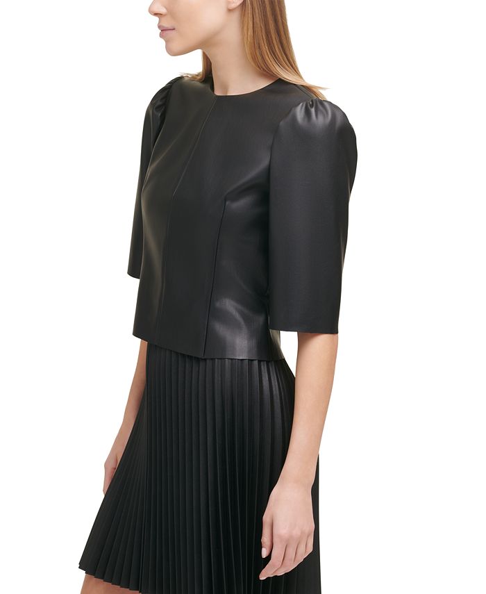 DKNY Faux Leather Puff Sleeve Top Macy's