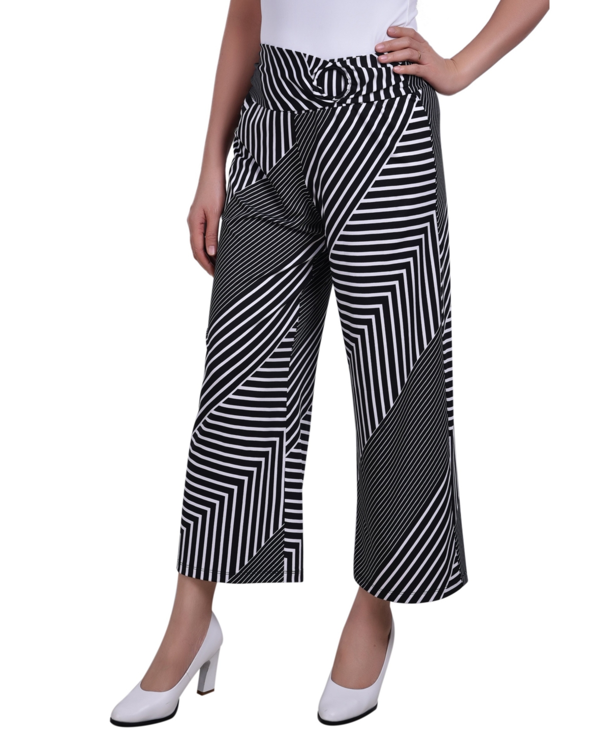 Women's Cropped Pull On with Faux Belt Pants - Black, White Stripe
