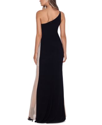 XSCAPE Beaded Colorblocked One-Shoulder Gown