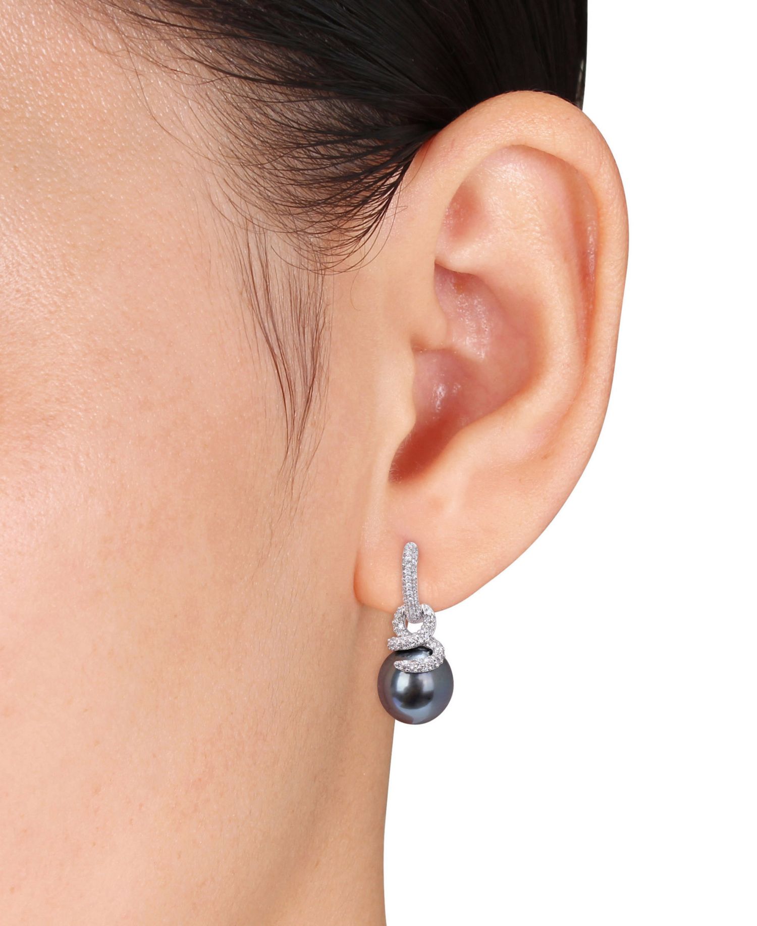 Cultured Tahitian Pearl (10-11mm) & Diamond (1/2 ct. t.w.) Coiled Huggie Hoop Earrings in 14k White Gold