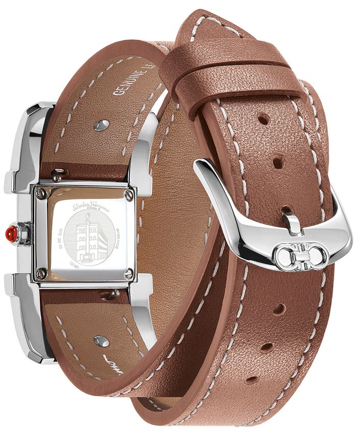 Salvatore Ferragamo - Women's Ferragamo Square Ingot Brown Double Wrap Leather Strap Watch 20mm