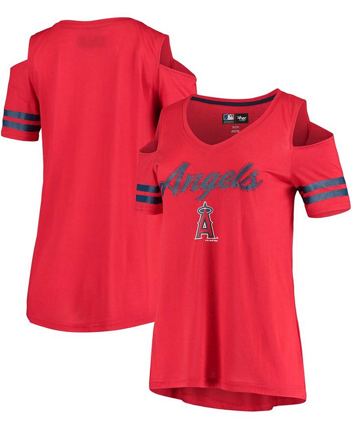 G Iii 4her By Carl Banks Womens Red Los Angeles Angels Extra Inning Cold Shoulder V Neck T 