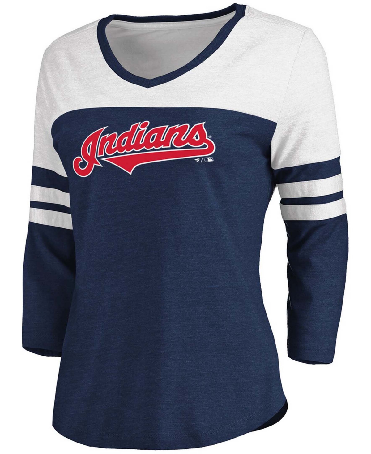Women's Heathered Navy, White Cleveland Indians Official Wordmark 3/4 Sleeve V-Neck Tri-Blend T-shirt