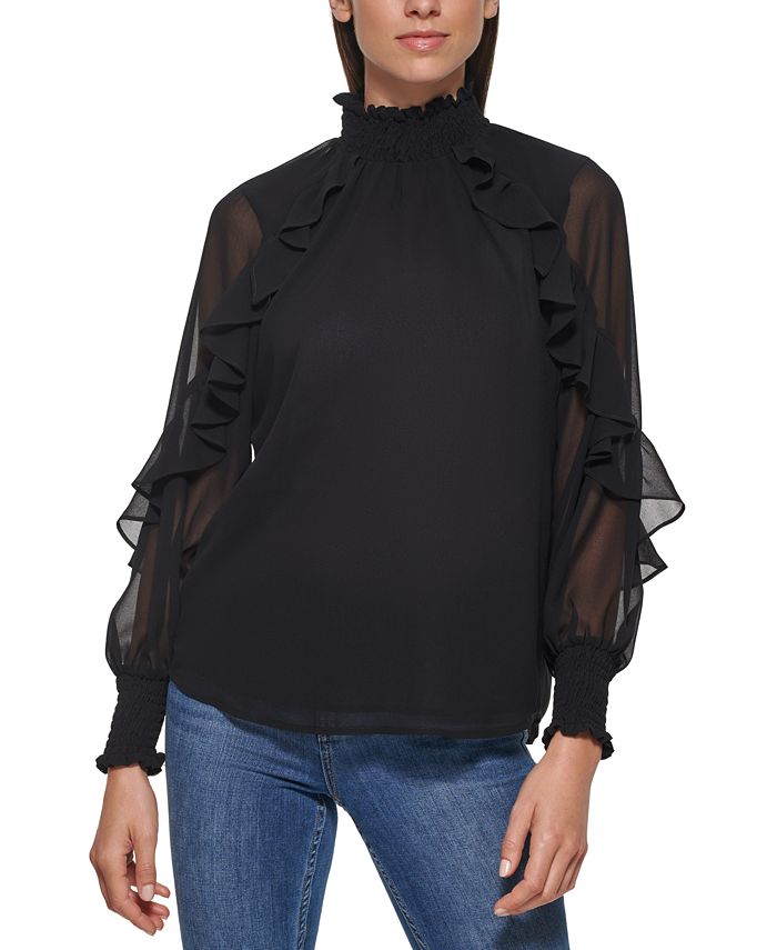 Calvin Klein High-Neck Ruffled Long Sleeve Blouse - Macy's