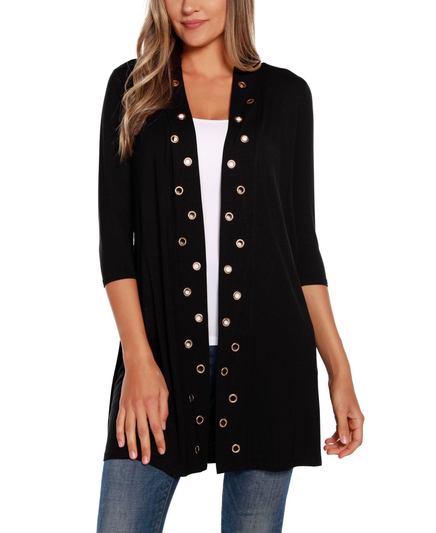 Женский кардиган Belldini Grommet-Trim Duster Open Front Cardigan Top, цвет: Чёрный — фото 1