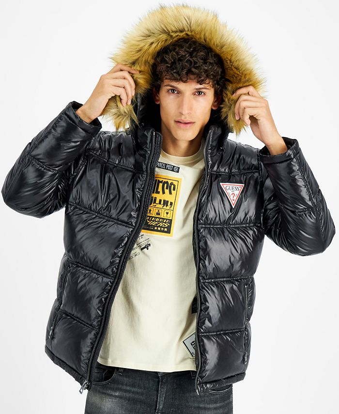 GUESS Men's Puffer Jacket With Faux Fur Hood Macy's