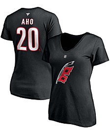 Women's Sebastian Aho Black Carolina Hurricanes Alternate Authentic Stack Name Number V-Neck T-shirt