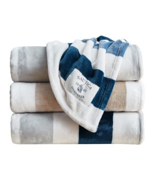 Nautica Awning Stripe Ultra Soft Plush Reversible Throw, 60" X 50" In Captains Blue, Grey