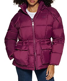 Quilted Hooded Puffer Coat with Cinch Waist