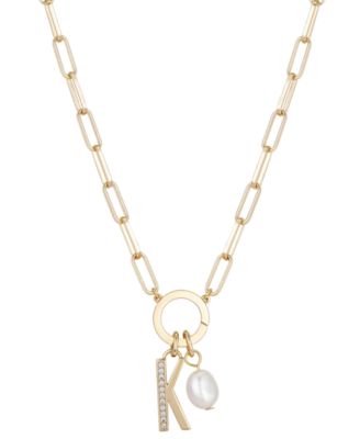 Photo 1 of Cubic Zirconia Initial & Freshwater Pearl 18" Pendant Necklace in  Gold Plate