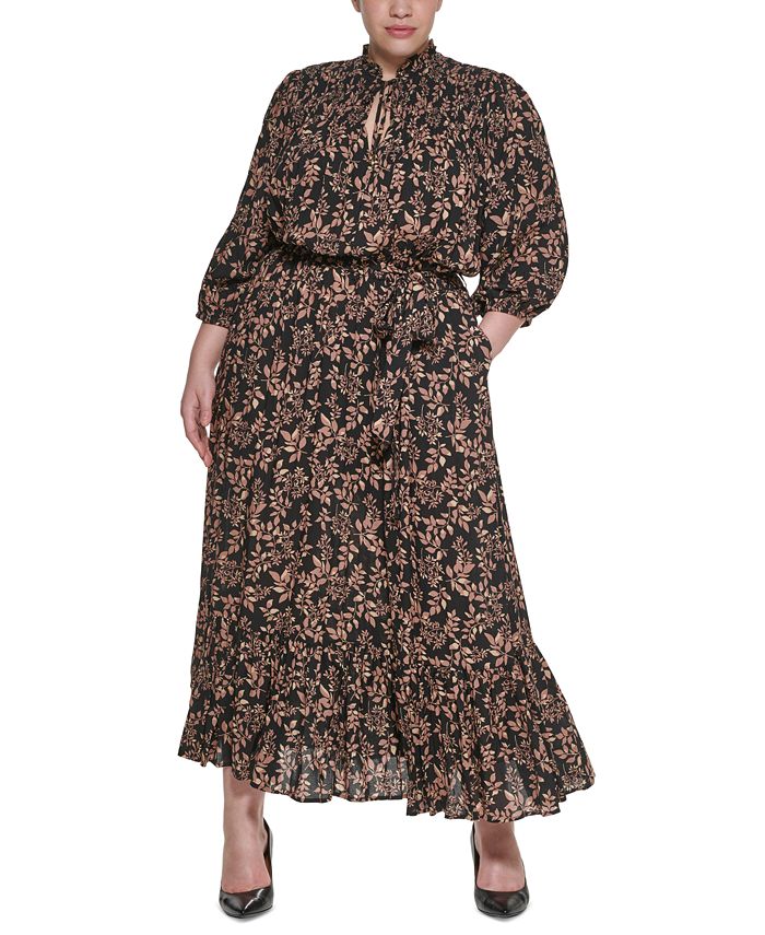 Calvin Klein Plus Size Tie Neck Smocked Yoke Maxi Dress Macy s