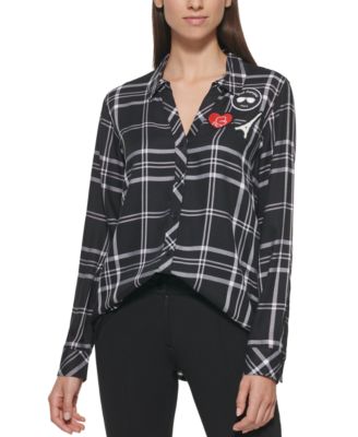Long Sleeve Plaid Top With Patches