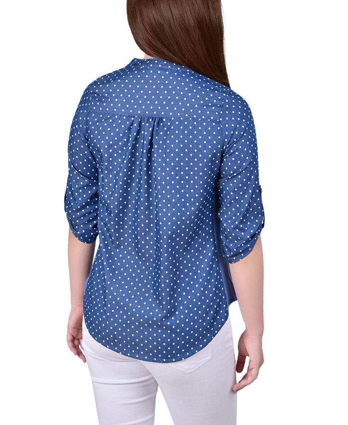 NY Collection Petite 3/4 Roll Tab Sleeve Chambray Blouse Macy's