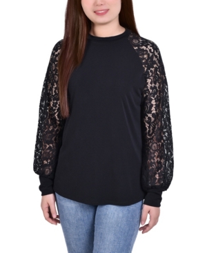 NY COLLECTION PETITE KNIT CREPE WITH LONG LACE BALLOON SLEEVES TOP