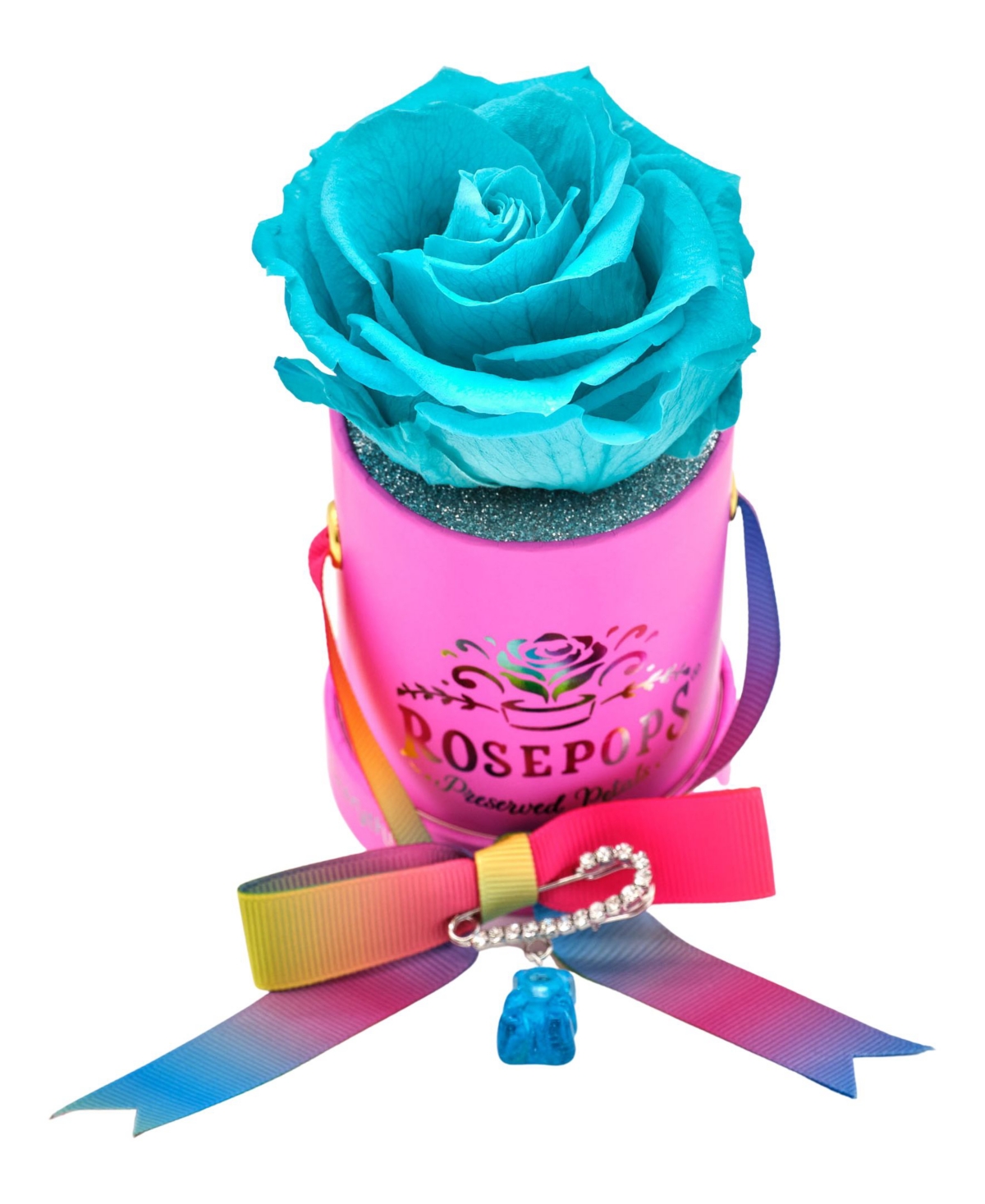 Rosepops Pop-Up I Love You Beary Much Single Blue Topaz Real Rose Preserved to Last One Year with Complementary Faux Gummy Bear Charm
