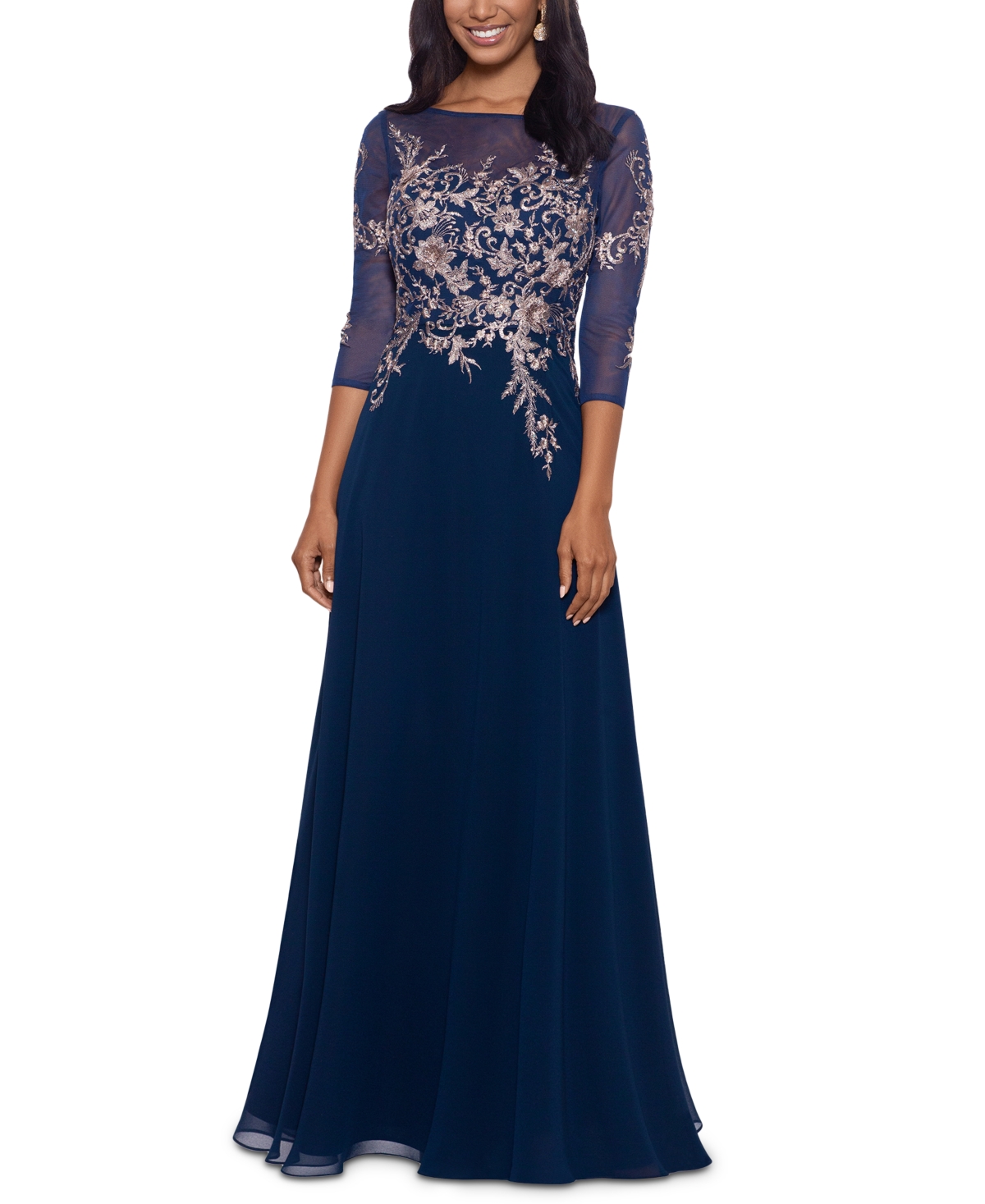 Shop Betsy & Adam Embroidered 3/4-sleeve Gown In Navy,rose