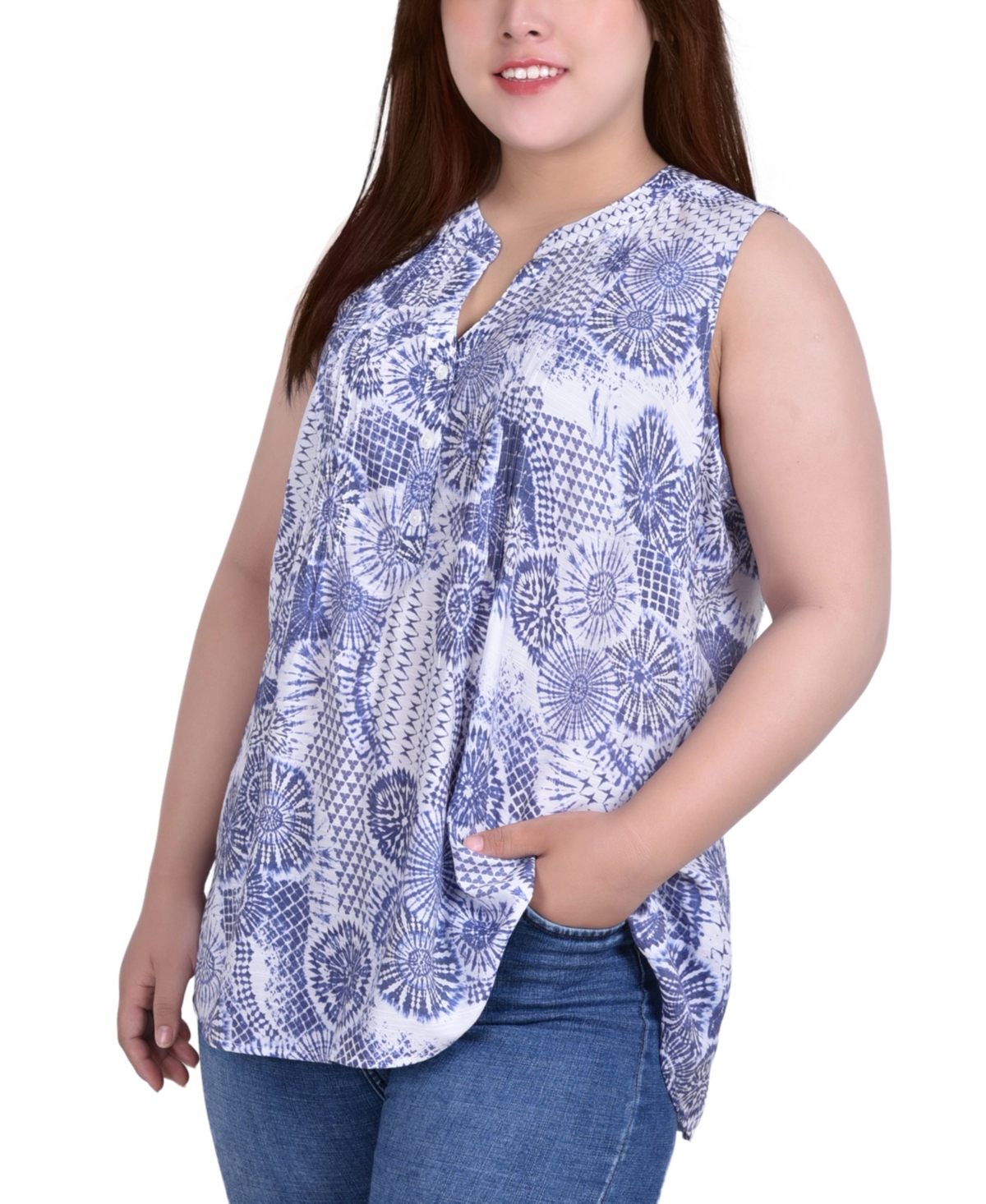 Ny Collection Plus Size Sleeveless Pintucked Blouse In Blue Flora