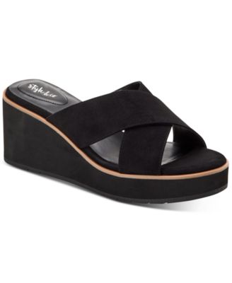 ladies black leather wedge sandals