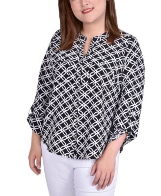 Plus Size 3/4 Sleeve Roll Tab Y Neck Blouse