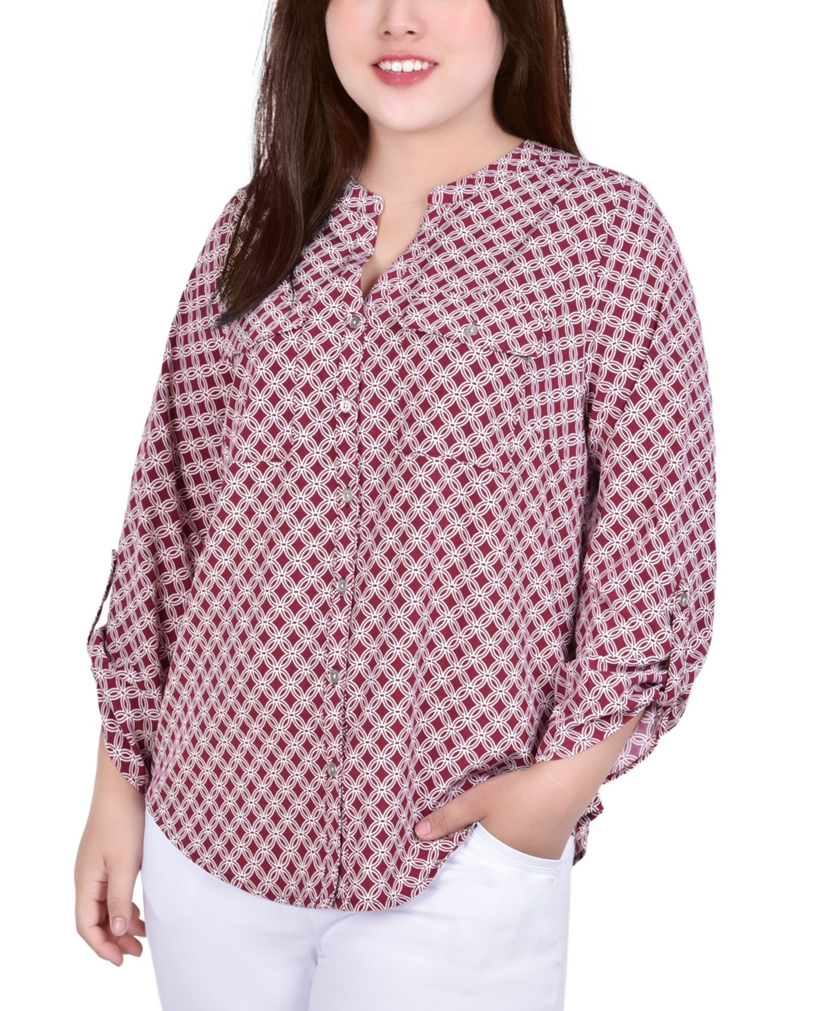 Ny Collection Women's 3/4 Roll Tab Sleeve Mandarin Collar Blouse In Rodedendrum,white New Iconic