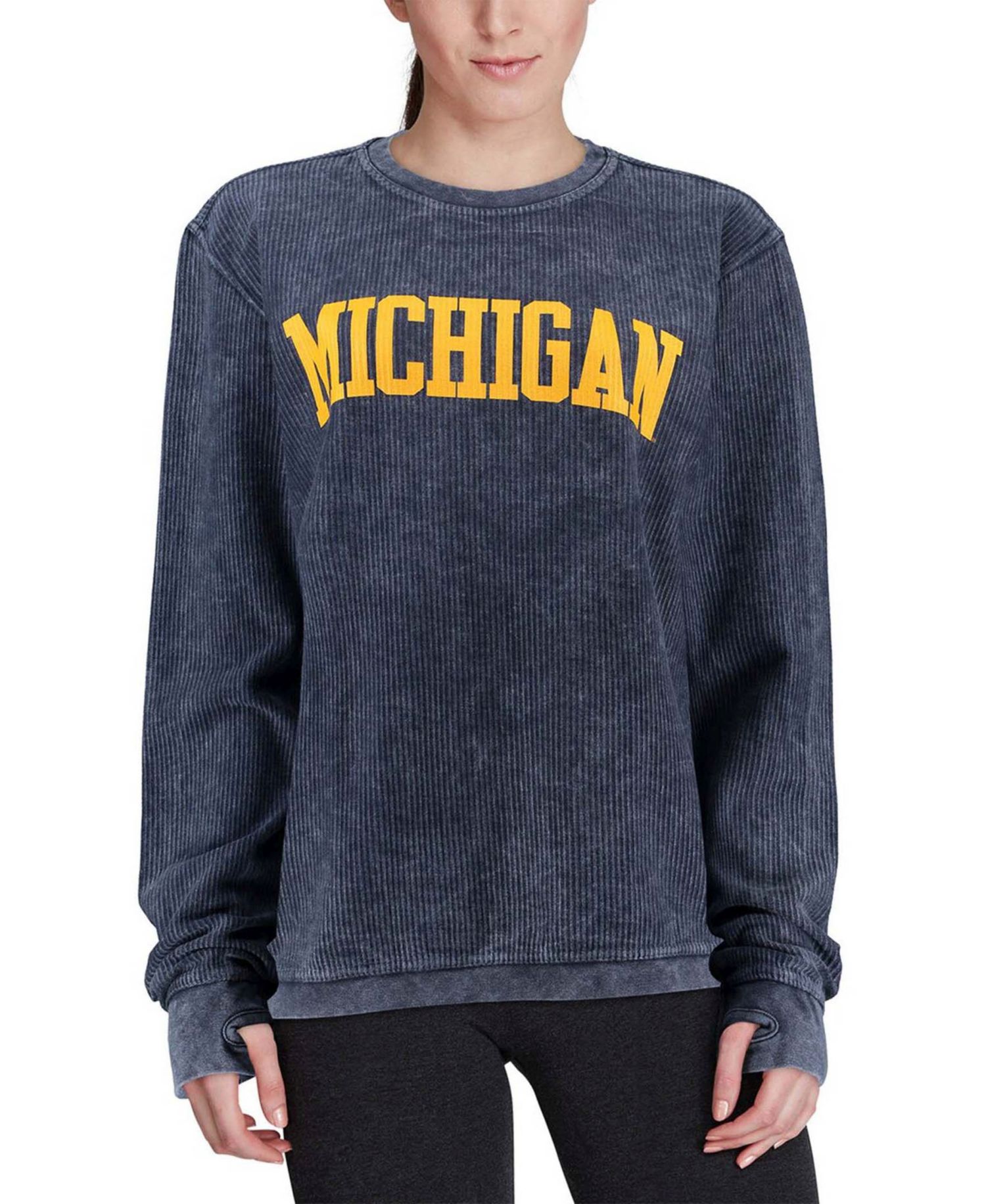 Women's Navy Michigan Wolverines Comfy Cord Vintage-Like Wash Basic Arch Pullover Sweatshirt
