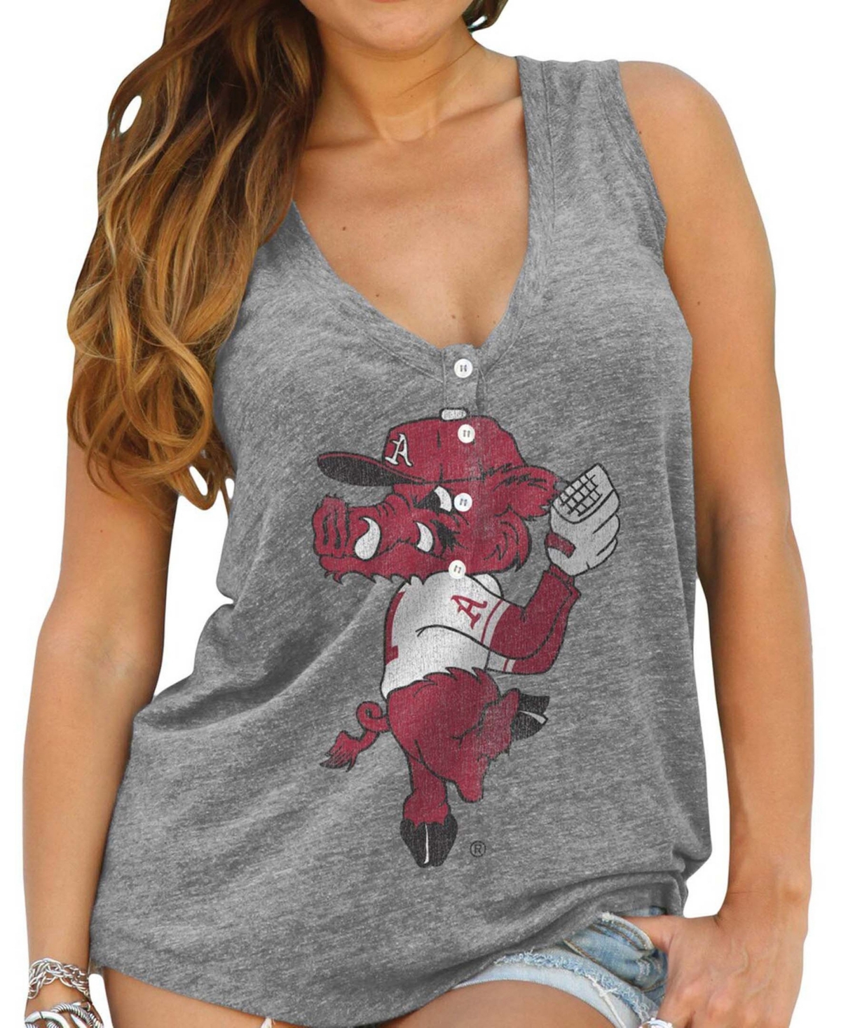 Women'sArkansas Razorbacks Relaxed Henley Tri-Blend V-Neck Tank Top - Heathered Gray