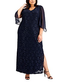 Plus Size Sheer-Sleeve Lace Gown