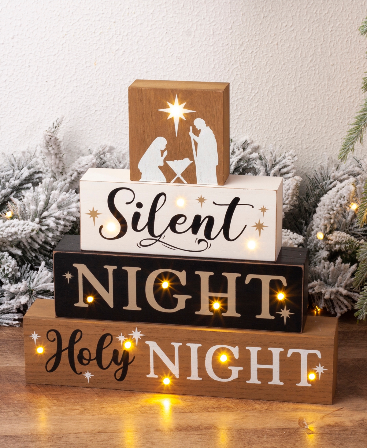 Lighted Wooden Nativity Block Sign, 12" - Multi