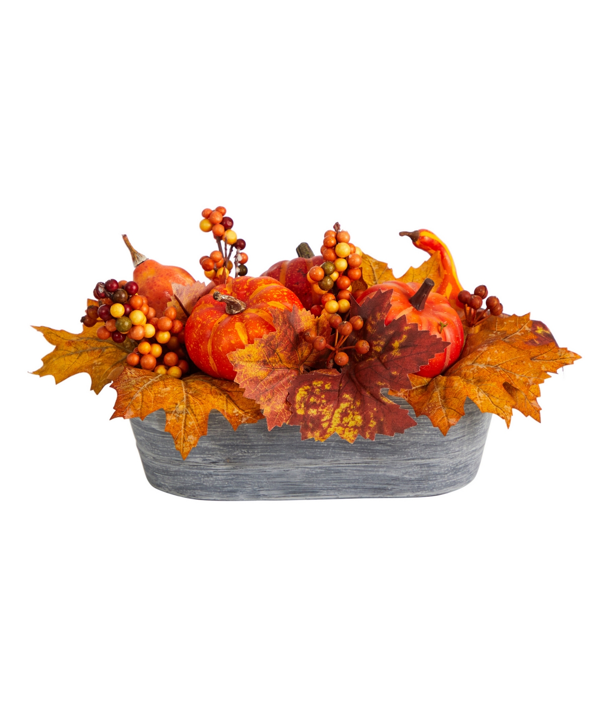 12" Fall Pumpkin and Berries Autumn Harvest Artificial Arrangement in Washed Vase - Orange