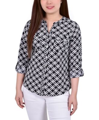 Women's 3/4 Roll Tab Sleeve Mandarin Collar Blouse