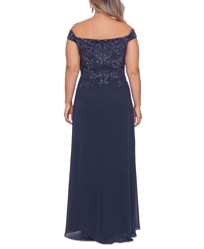 Betsy & Adam Women's Off-The-Shoulder Lace Gown Dark Blue Size 4