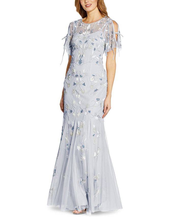 Adrianna Papell Beaded Flutter-Sleeve Gown - Macy's
