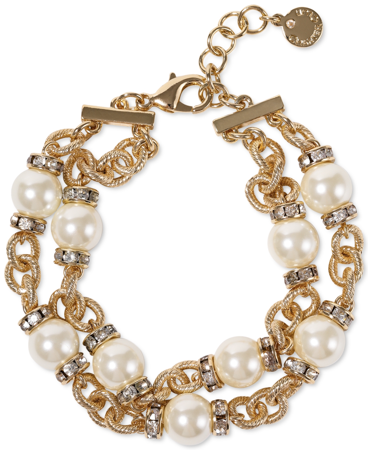 Gold-Tone Pave Rondelle Bead & Imitation Pearl Double-Row Link Bracelet, Created for Macy's - White