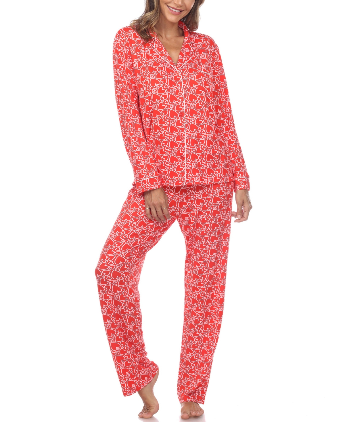 Women's 2 Piece Long Sleeve Heart Print Pajama Set - Red Hearts