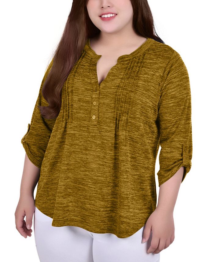 Yellow 3/4 Tabbed Sleeve Y Neck Blouse - Plus Size