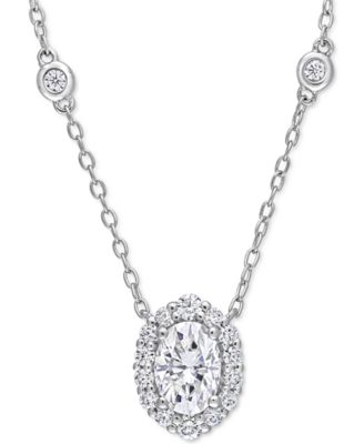 Macy's - Lab-Grown Moissanite Oval Halo 18" Pendant Necklace (1-1/2 ct. t.w.) in Sterling Silver