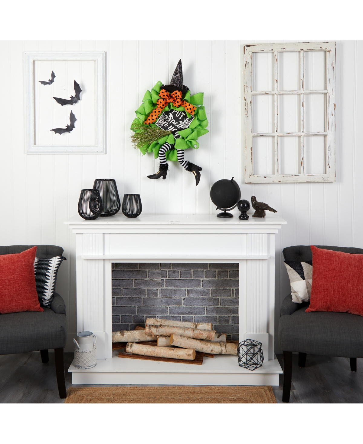 Halloween Witch Broom and Hat Mesh Wreath