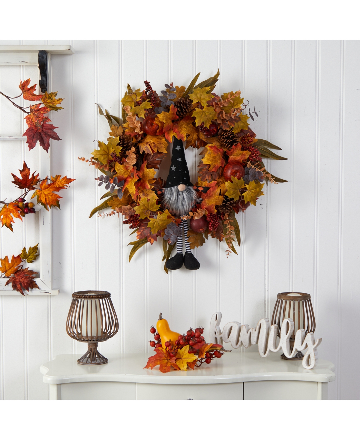 NEARLY NATURAL 28" HARVEST FALL GNOME ARTIFICIAL AUTUMN WREATH 