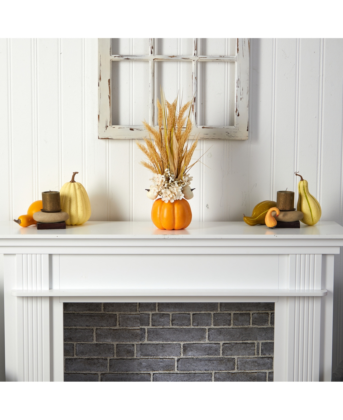 NEARLY NATURAL 21" AUTUMN DRIED WHEAT AND PUMPKIN ARTIFICIAL FALL ARRANGEMENT IN DECORATIVE PUMPKIN VASE 