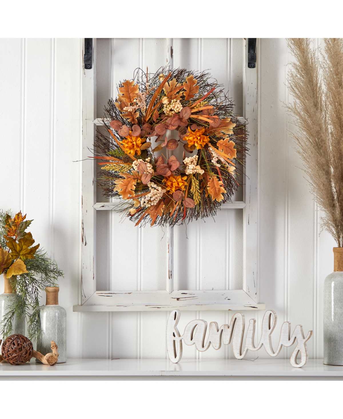 Nearly Natural 22" Autumn Dahlia And Berries Artificial Fall Wreath In Orange