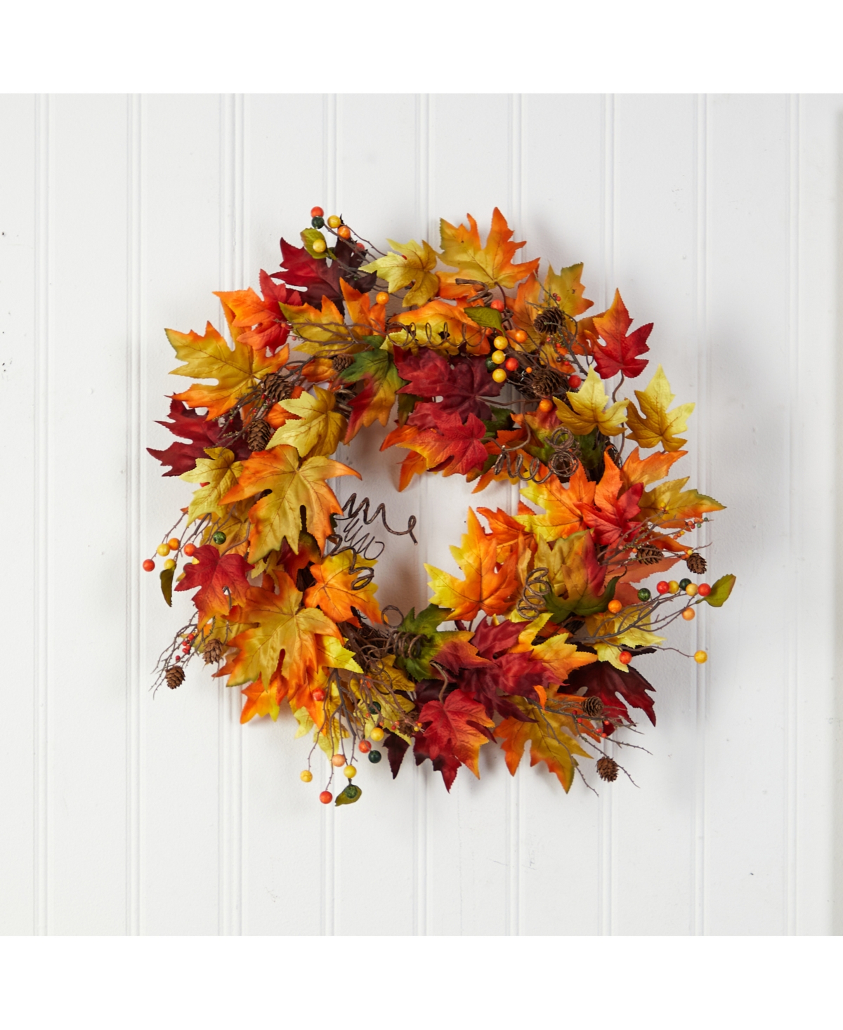 Autumn Maple Leaf and Berries Artificial Fall Wreath with Twig Base